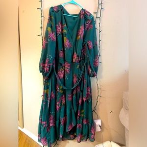 Ava Viv Plus Size Faux Wrap Floral Green Dress